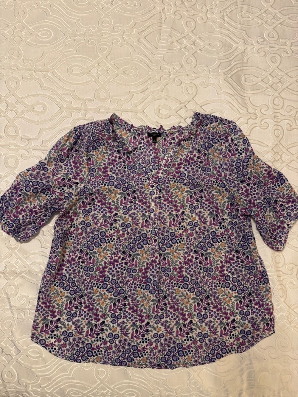 Talbots Purple Floral Split-Neck Short Sleeve Blouse